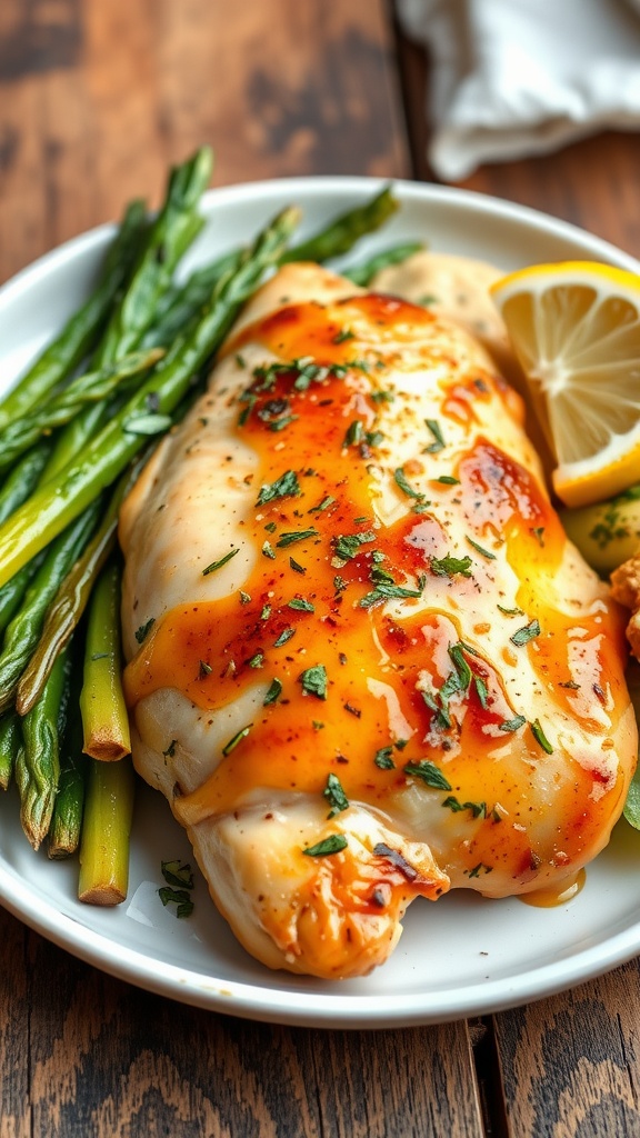 Garlic herb chicken breast garnished with herbs, served with vegetables on a wooden table.